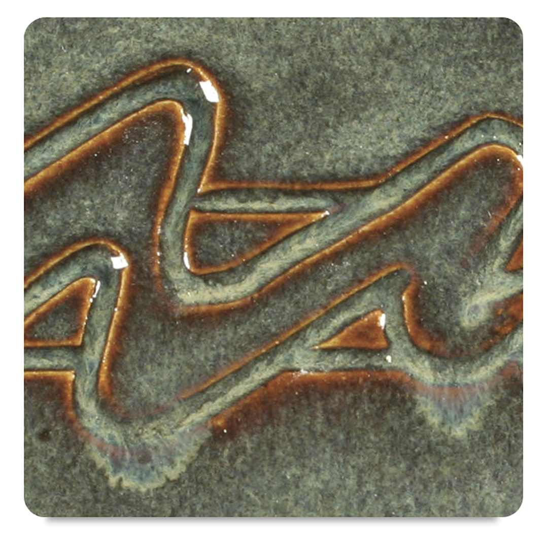 Open in modal - Amaco Potter's Choice Glazes - Iron Lustre, PC-33. Color sample in green shades with brown outlines.