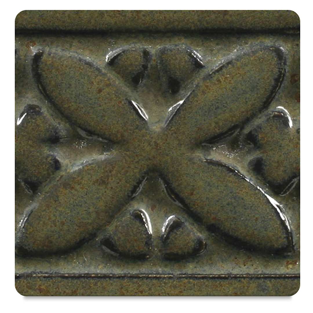 Open in modal - Amaco Potter's Choice Glazes - Ironstone, PC-36. Color sample in mottled green-brown colors.