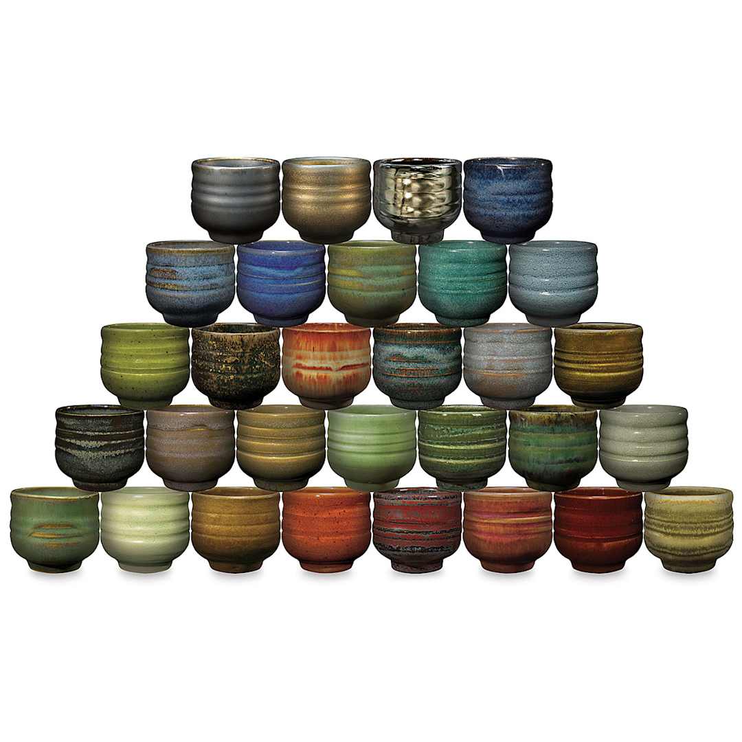 Open in modal - Amaco Potter's Choice Glazes - Five tier pyramid of 30 pots fired with assorted glaze colors. 