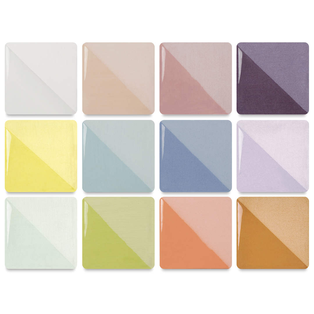 Open in modal - Speedball Ceramic Underglaze - Pastel Sampler, Set of 12, fired on white clay bisque tiles, half covered in Speedball Clear Glaze, fired to cone 05