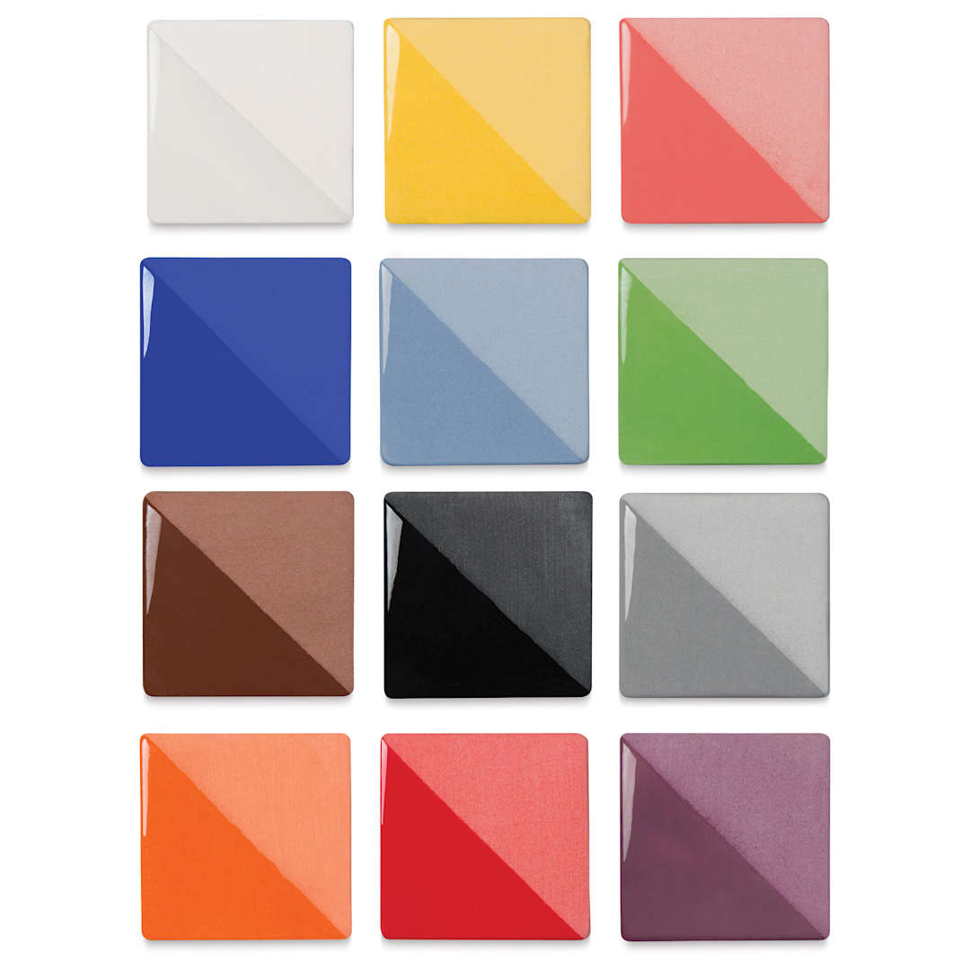 Open in modal - Speedball Ceramic Underglaze - Classic Color Sampler, Set of 12, 2 oz, fired on white clay bisque tiles, half covered in Speedball Clear Glaze, fired to cone 05