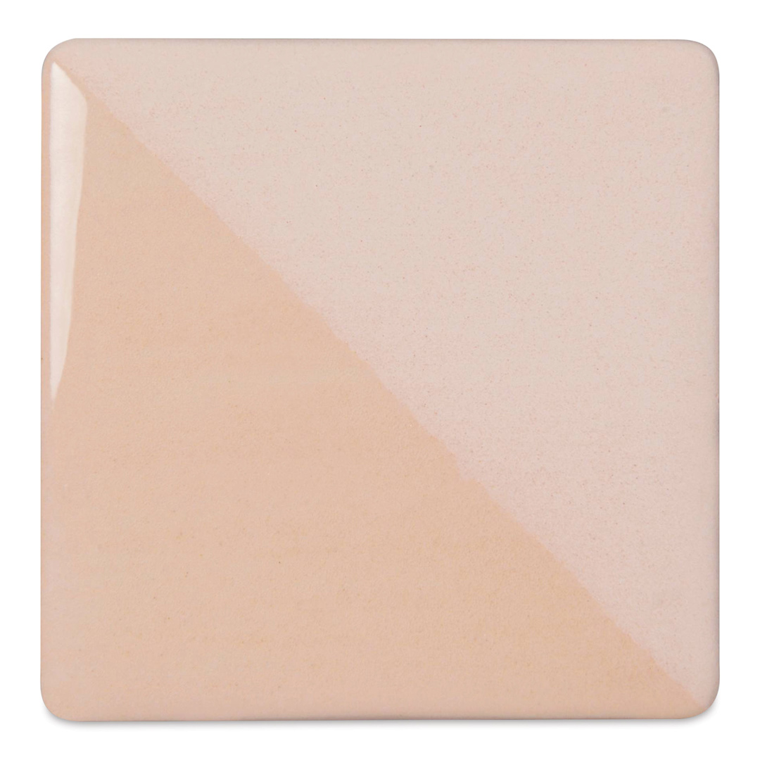 Open in modal - Speedball Ceramic Underglaze - Cream, Opaque, fired on white clay bisque tiles, half covered in Speedball Clear Glaze, fired to cone 05