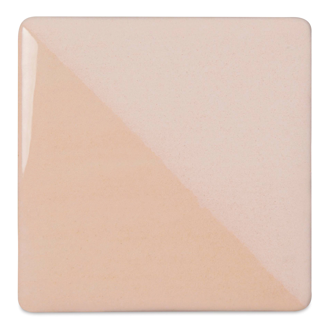 Open in modal - Speedball Ceramic Underglaze - Cream, Opaque, fired on white clay bisque tiles, half covered in Speedball Clear Glaze, fired to cone 05