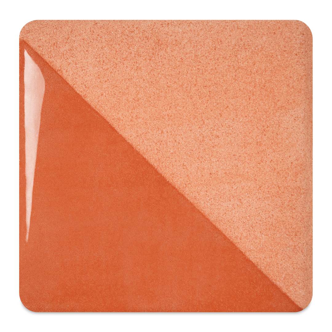 Open in modal - Speedball Ceramic Underglaze - Burnt Orange, fired on white clay bisque tiles, half covered in Speedball Clear Glaze, fired to cone 05