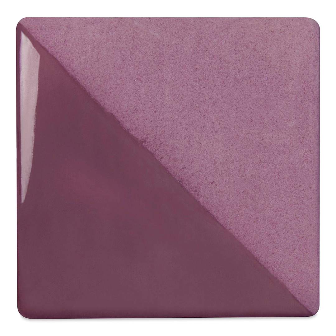 Open in modal - Speedball Ceramic Underglaze - Purple, Opaque, fired on white clay bisque tiles, half covered in Speedball Clear Glaze, fired to cone 05