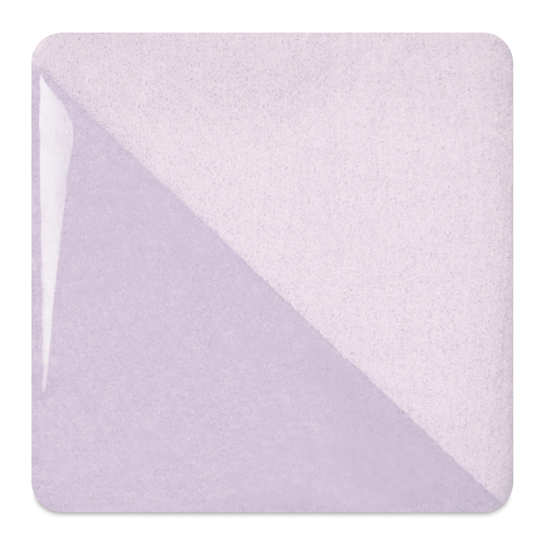 Open in modal - Speedball Ceramic Underglaze - Lilac, fired on white clay bisque tiles, half covered in Speedball Clear Glaze, fired to cone 05