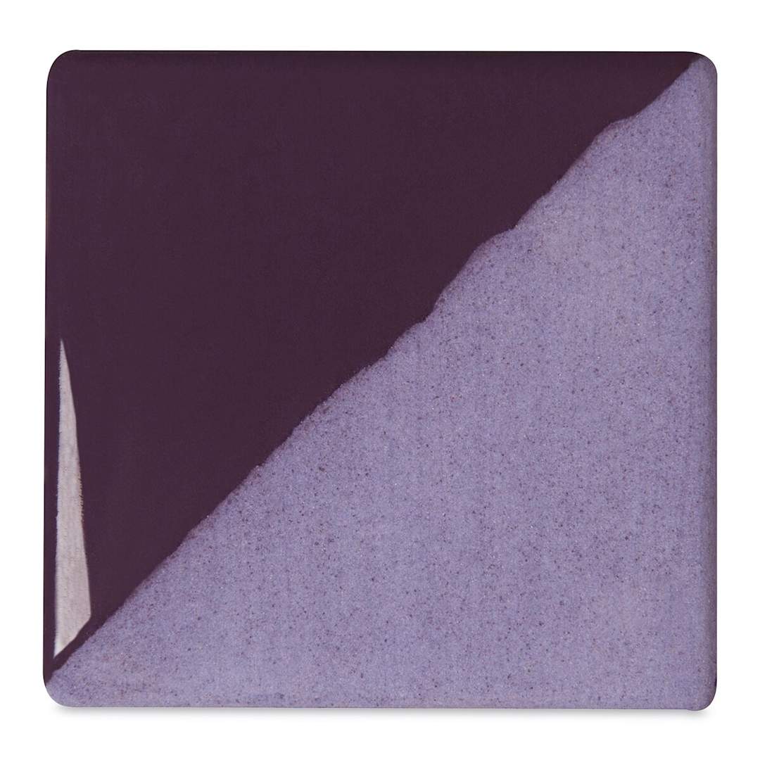 Open in modal - Speedball Ceramic Underglaze - Royal Purple, Opaque, fired on white clay bisque tiles, half covered in Speedball Clear Glaze, fired to cone 05