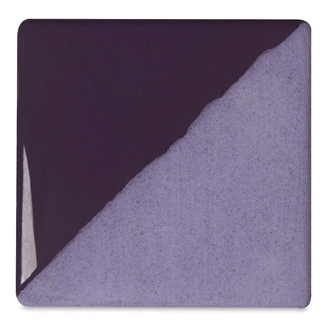 Open in modal - Speedball Ceramic Underglaze - Royal Purple, Opaque, fired on white clay bisque tiles, half covered in Speedball Clear Glaze, fired to cone 05