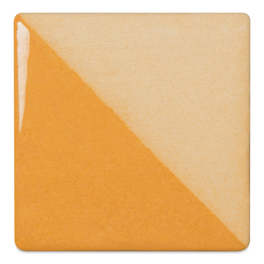 Open in modal - Speedball Ceramic Underglaze - Tan, Opaque, fired on white clay bisque tiles, half covered in Speedball Clear Glaze, fired to cone 05