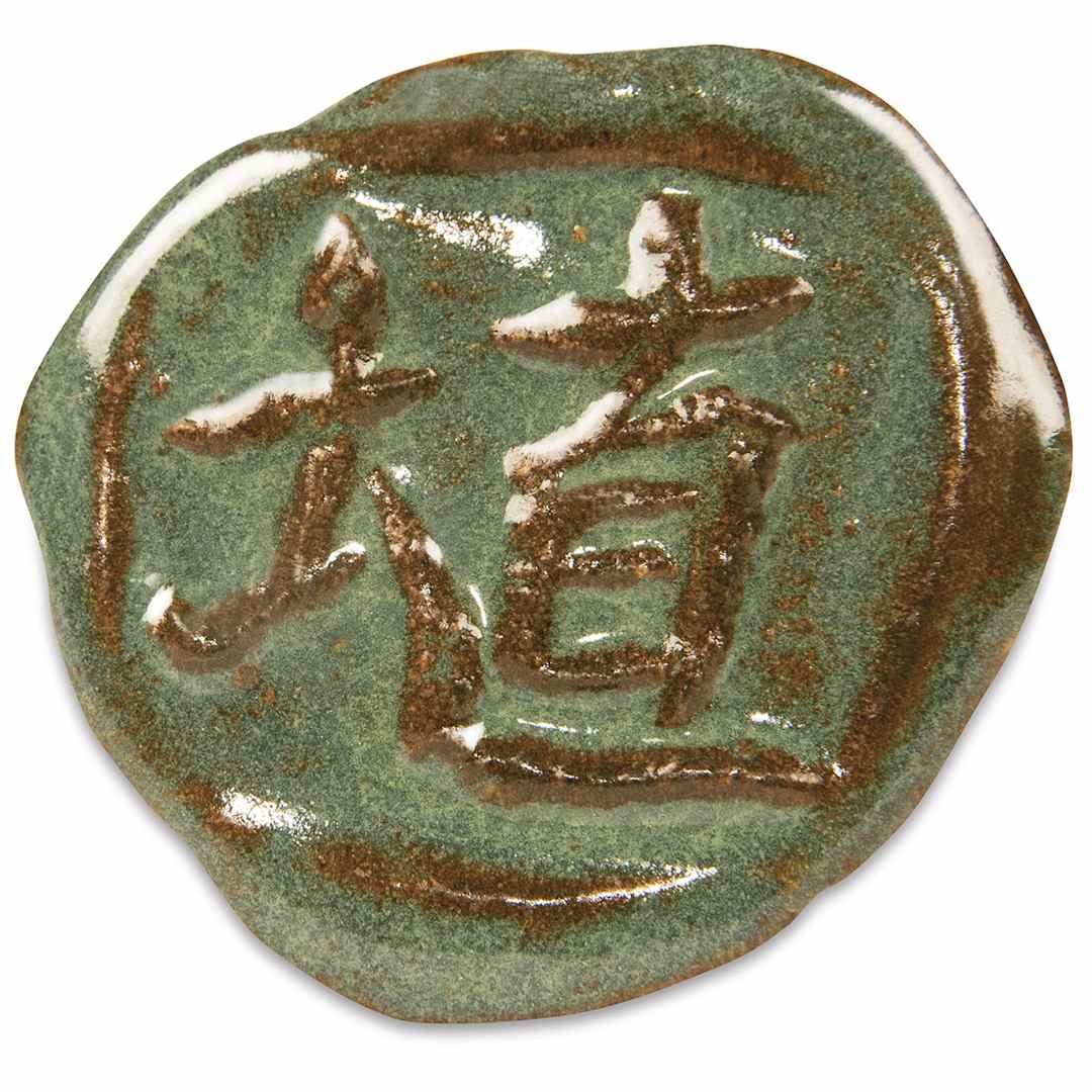 Open in modal - Amaco Shino Lead-Free Glazes- Ceramic Disc swatch showing Matcha color , Gloss finish