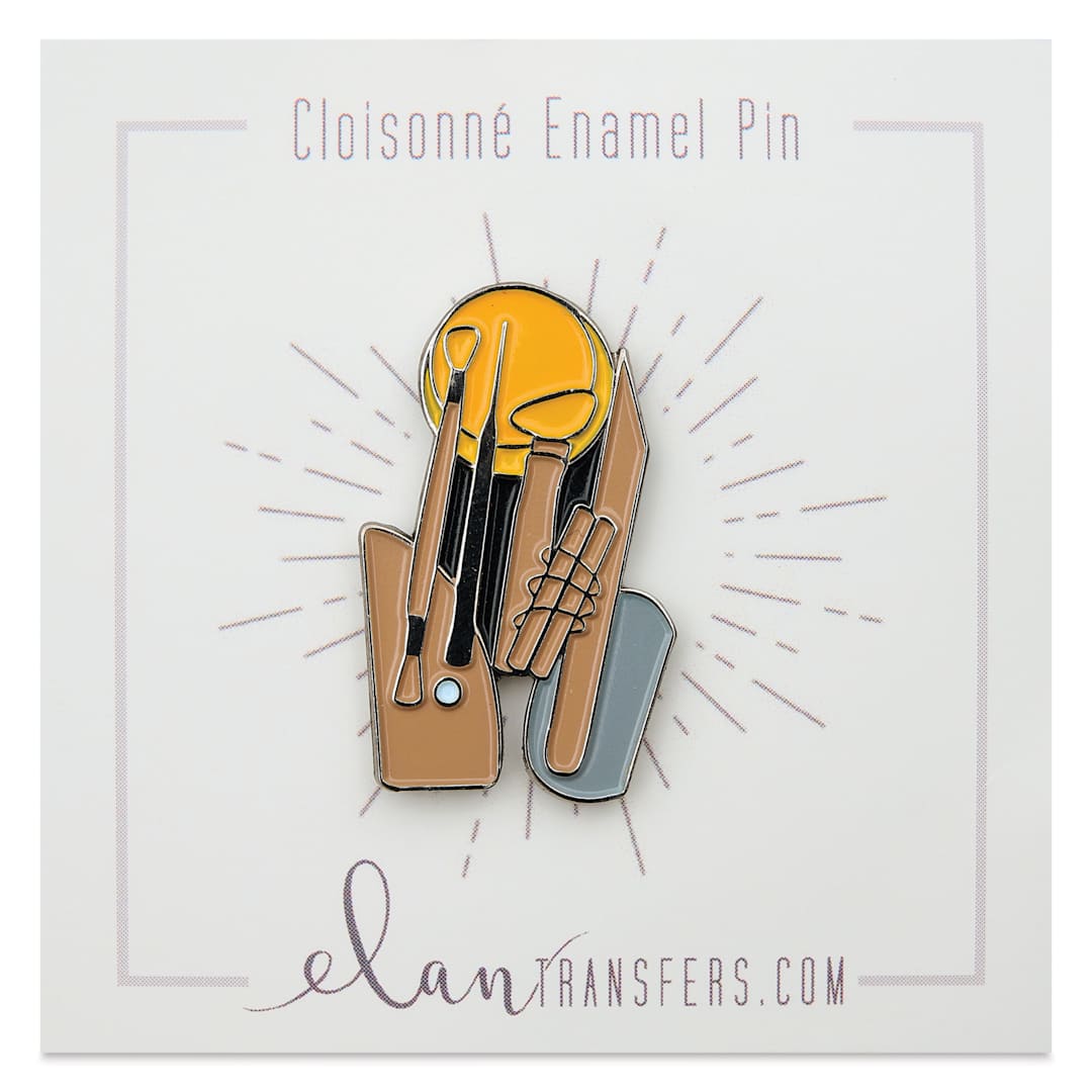 Open in modal - Elan Transfers Enamel Pin - Pottery Tools, pinned to front of packaging