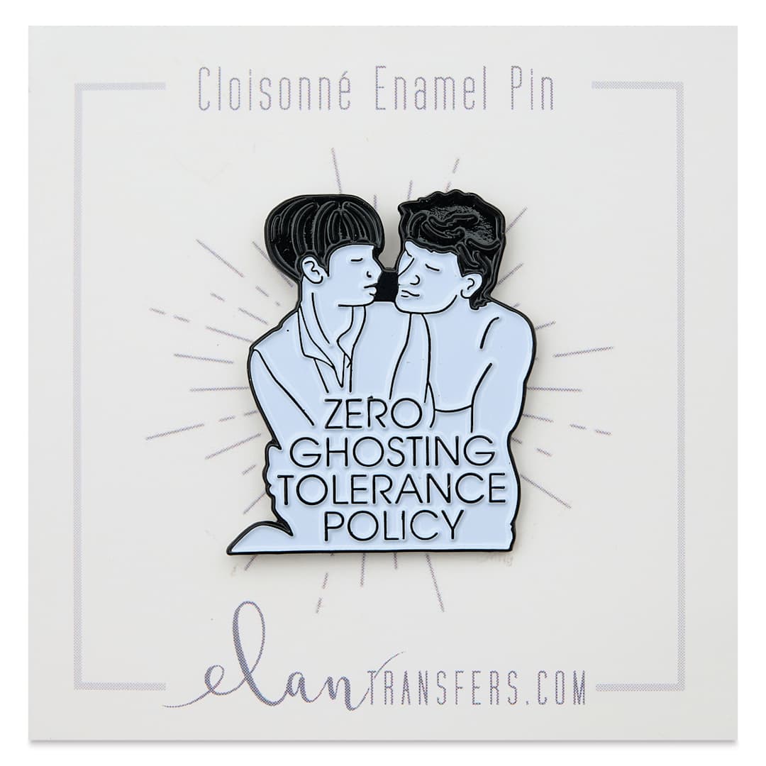 Open in modal - Elan Transfers Enamel Pin - No Ghosting Tolerance, pinned to front of packaging