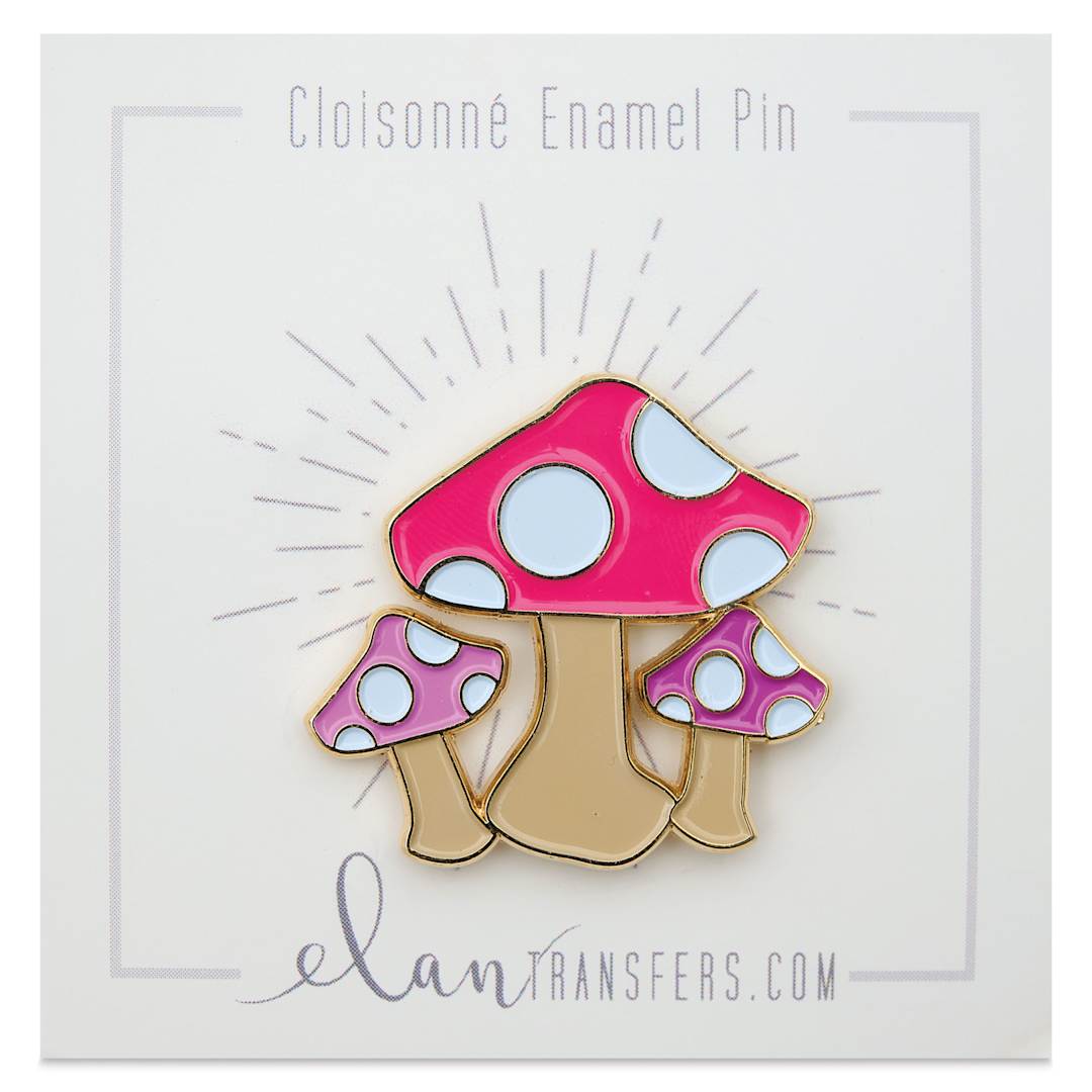 Open in modal - Elan Transfers Enamel Pin - Pink Mushrooms, pinned to front of packaging