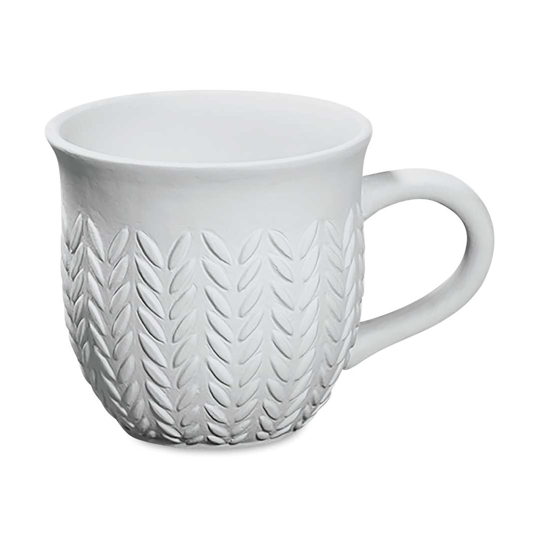 Open in modal - Mayco Earthenware Bisque Mugs - Front view of unglazed Stitched pattern mug