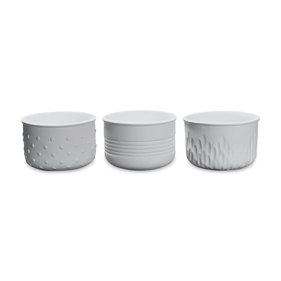Open in modal - Mayco Earthenware Bisque Textured Planters - Front view of three patterns of planters shown