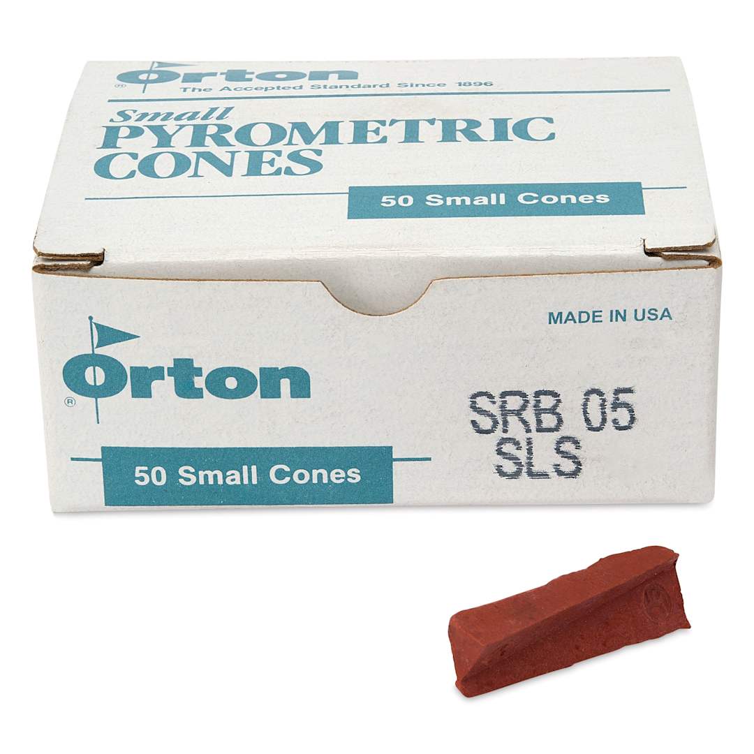 Open in modal - Orton Small Pyrometric Cones, Cone 05, Box of 50 - two cones shown in front of packaging