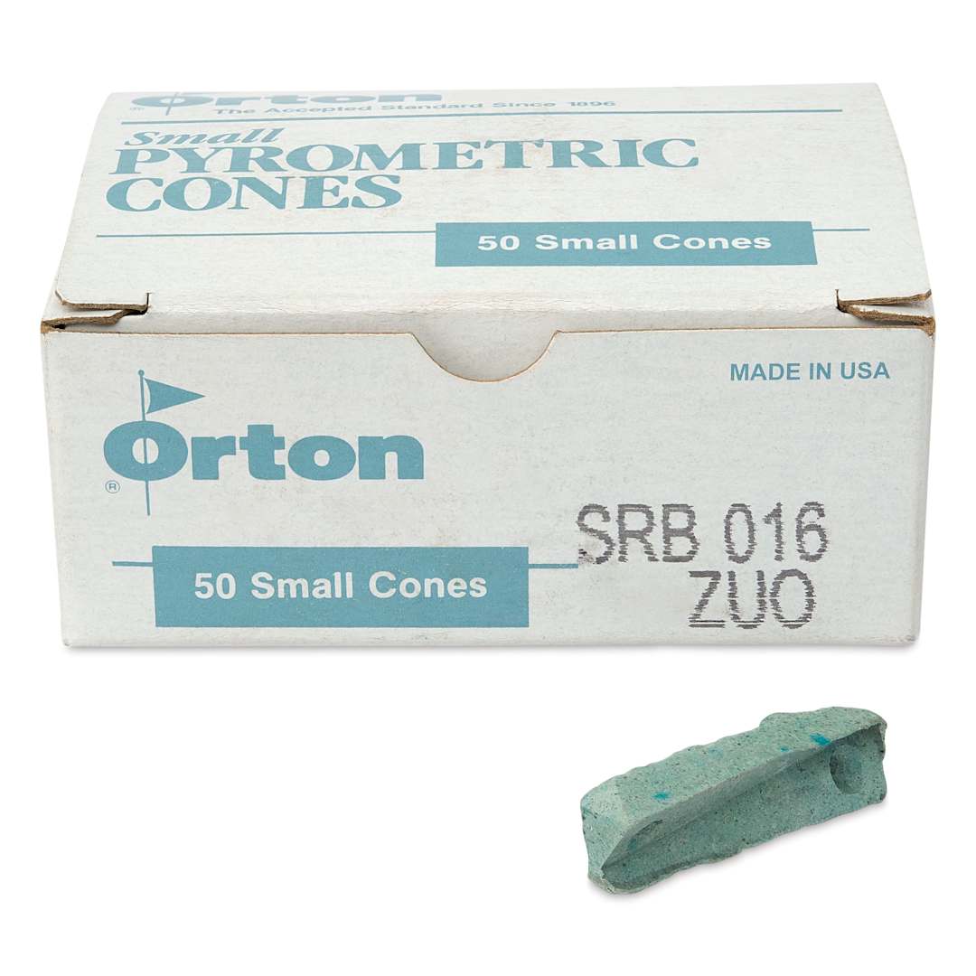 Open in modal - Orton Small Pyrometric Cones, Cone 016, Box of 50 - two cones shown in front of packaging