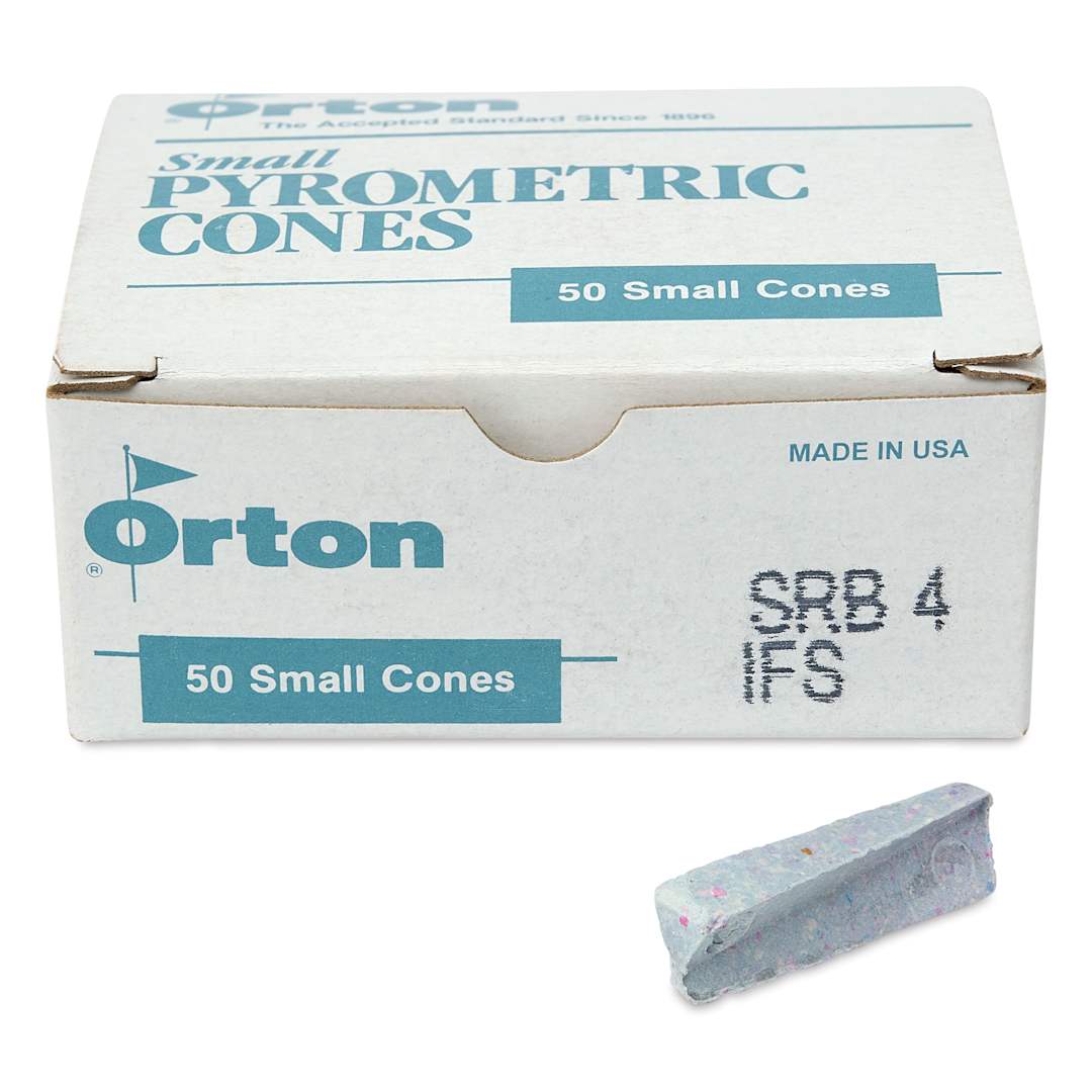 Open in modal - Orton Small Pyrometric Cones, Cone 4, Box of 50 - two cones shown in front of packaging