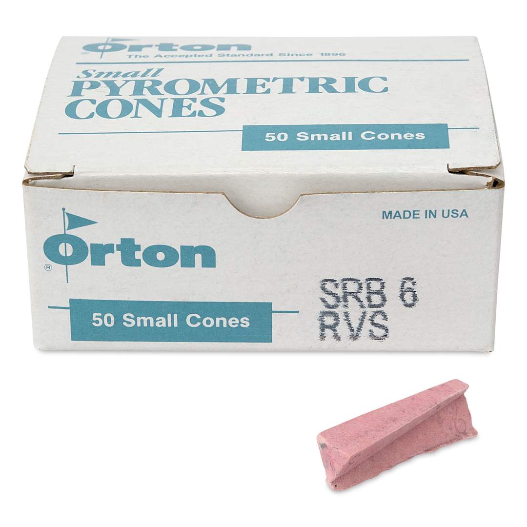 Open in modal - Orton Small Pyrometric Cones, Cone 6, Box of 50 - two cones shown in front of packaging