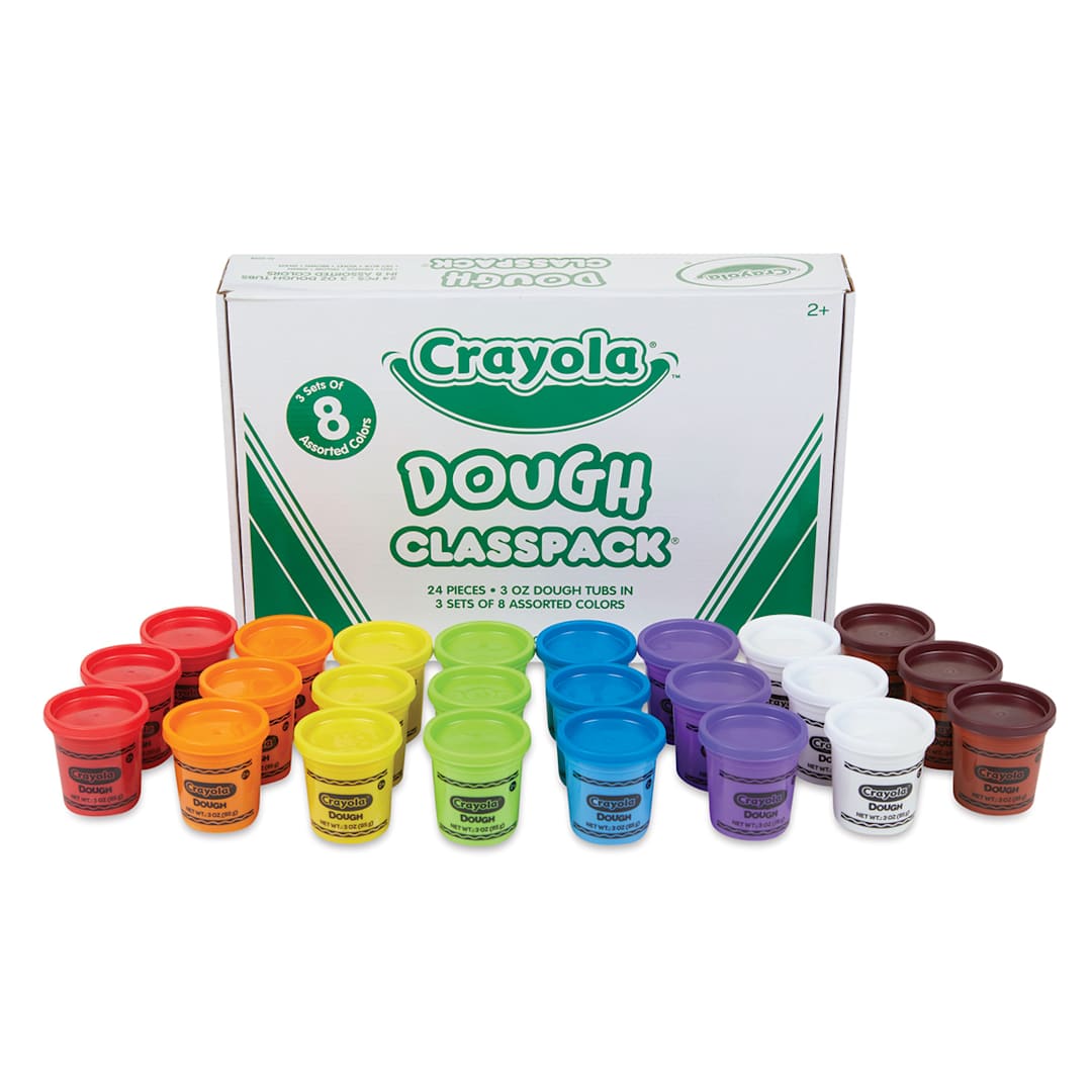 Open in modal - Crayola Dough - Package of 24 pc Classpack shown behind 24 tubs lined up by color
