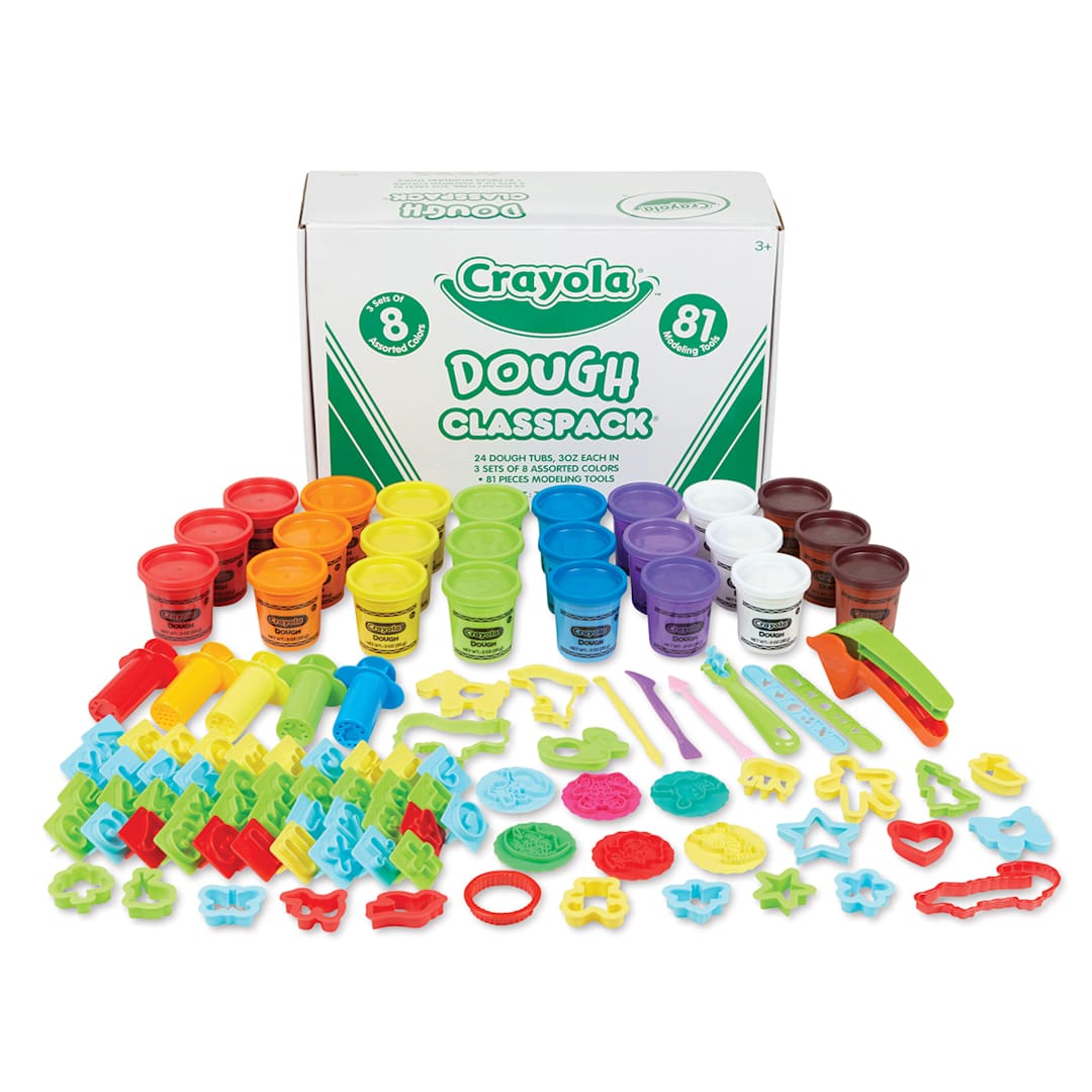 Open in modal - Crayola Dough - Package of 24 pc Classpack shown behind 24 tubs of dough, and 81 plastic tools

