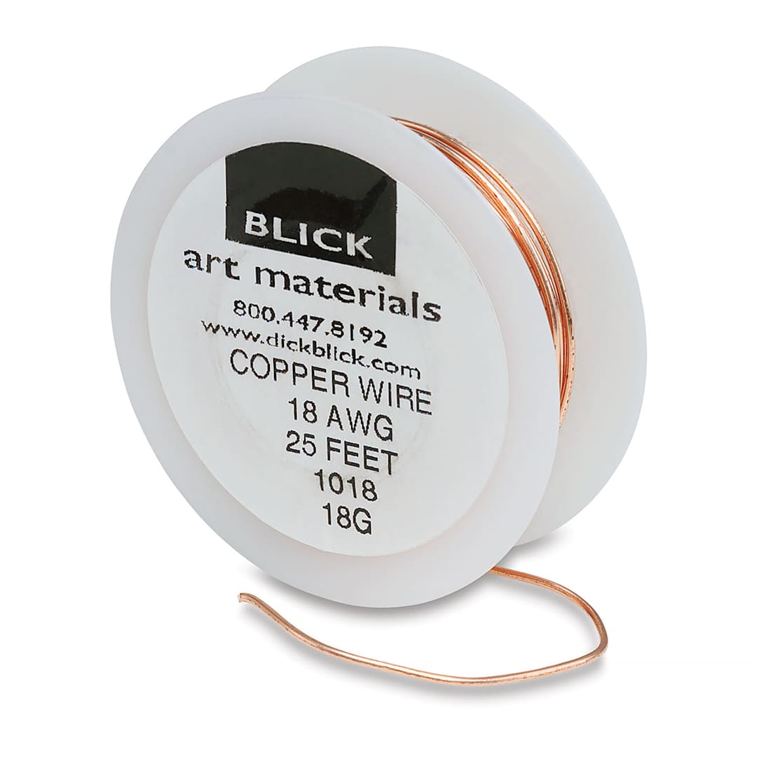 Open in modal - Blick Copper Wire - Spool of 25 ft 18 gauge copper wire standing upright, slightly unrolled
