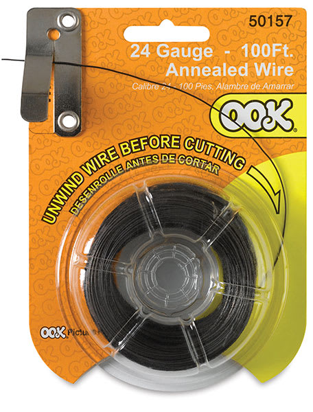 Open in modal - Ook Dark Annealed Specialty Wire - Front of 24-gauge wire package with wire fed into wire cutter