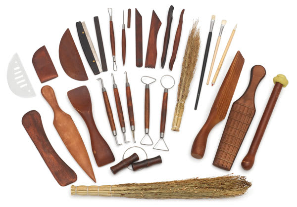 Open in modal - Deluxe Pottery Tool Set - 27 Tools shown laid out in fan shape
