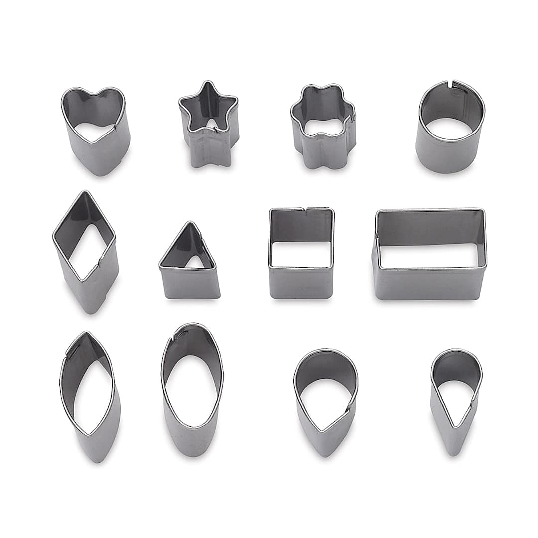 Open in modal - Sculpey Tools Mini Metal Clay Cutters - Slight angled view showing height of 12 cutters in 3 rows
