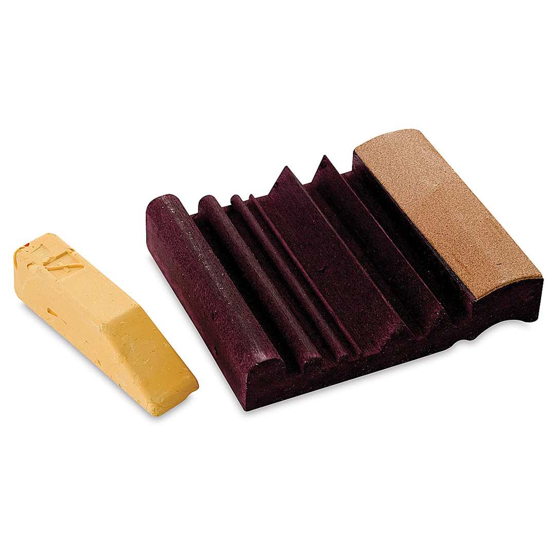 Open in modal - Flexcut SlipStrop - Top view of SlipStrop with bar of polishing compound adjacent