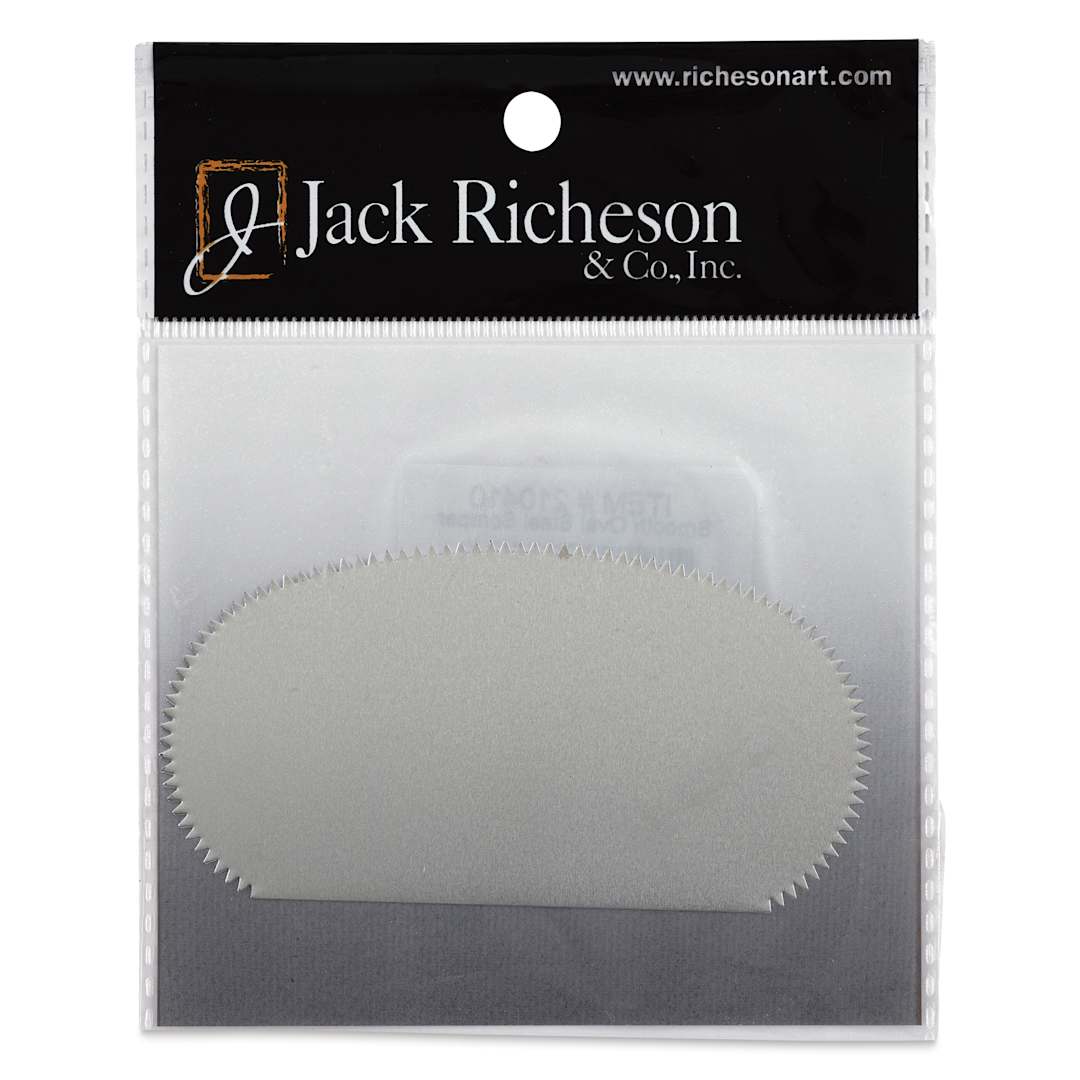 Open in modal - Richeson Stainless Steel Scrapers - Oval, Serrated Edge, 2" x 3-7/8" (Front of package)