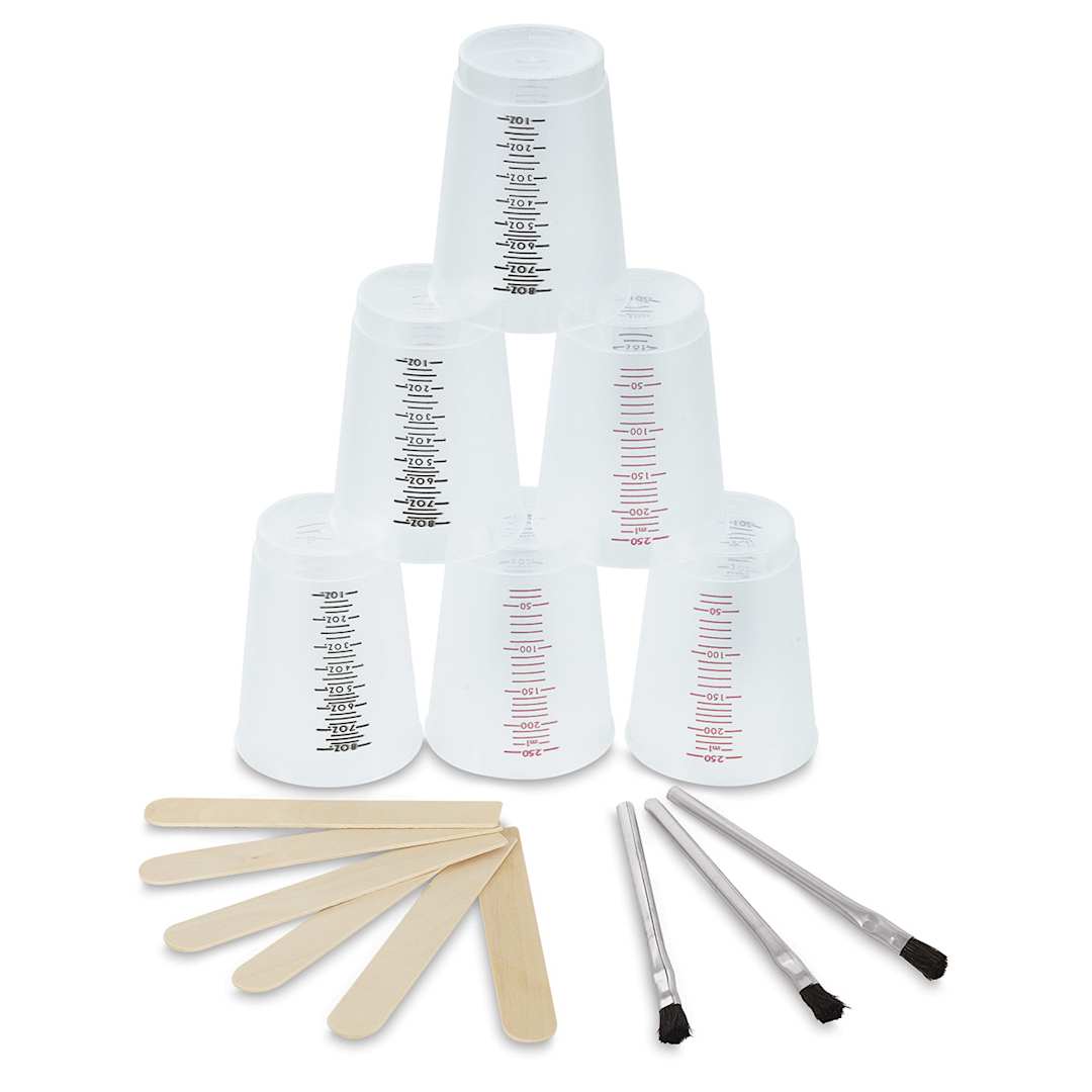 Open in modal - EnviroTex Mixing Cup Set - Components of set shown with 6 stacked cups, sticks and 3 brushes