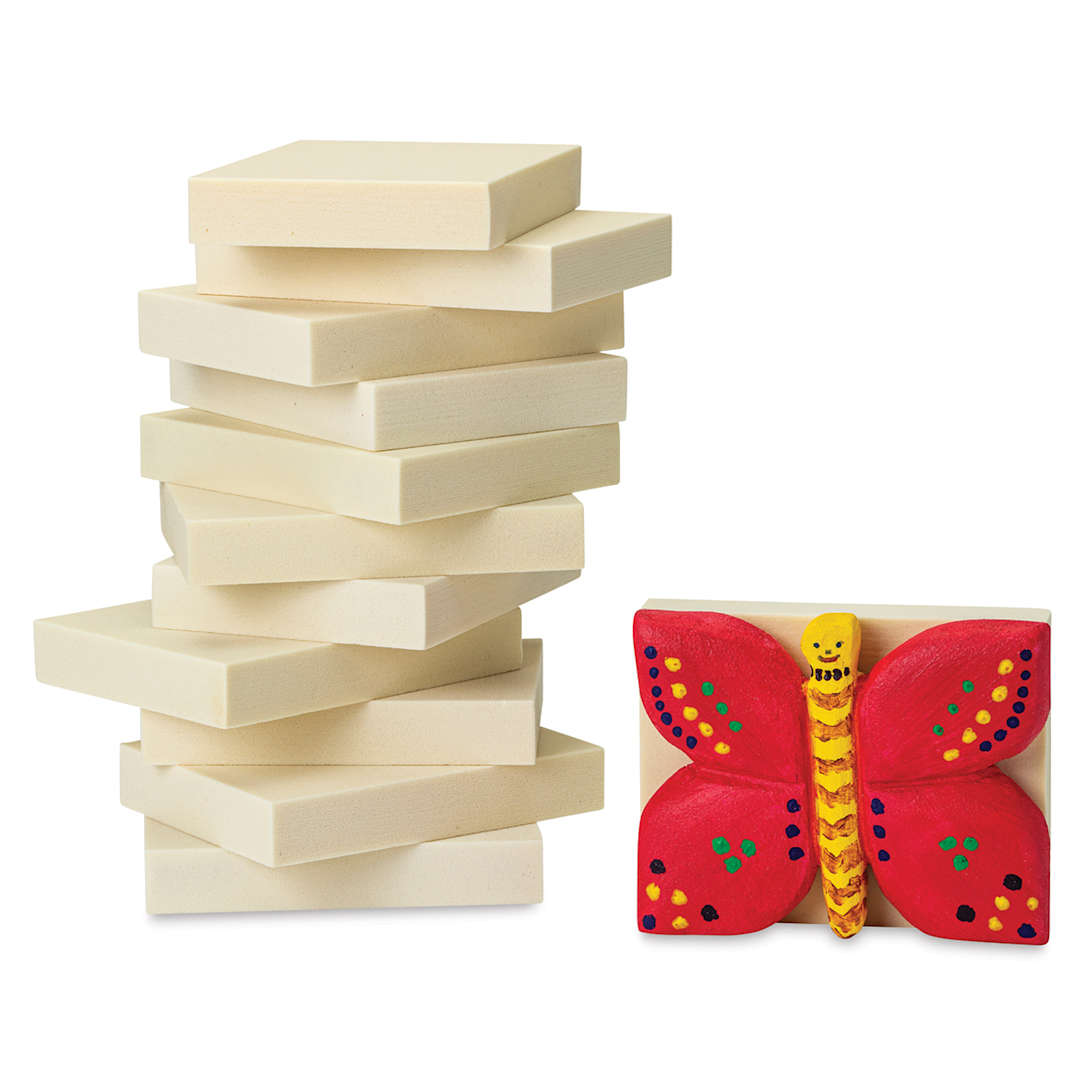 Open in modal - Blick Carving Foam, Stack of 6" x 4 1/2" x 1" blocks with finished Butterfly Art