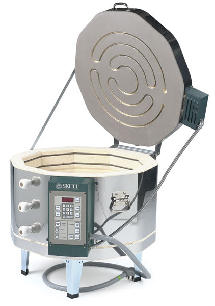 Open in modal - Skutt 1014 GlassMaster Kiln - front view with controls and cord shown, open on included stand 