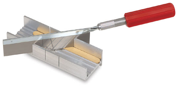 Open in modal - Excel Blades Mitre Box Set - Shown with blade positioned to cut piece of wood at 45 degree angle