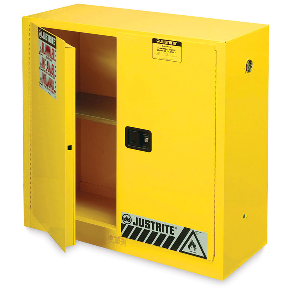 Open in modal - Safety Storage Cabinets - Angled view of Safety Cabinet with one door slightly open
