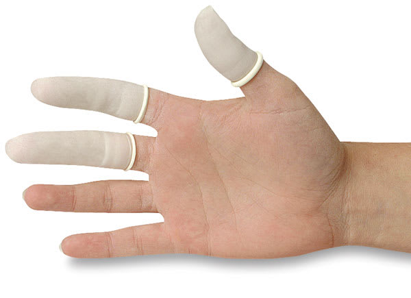 Open in modal - Latex Finger Cots - Side view of right hand wearing three finger cots