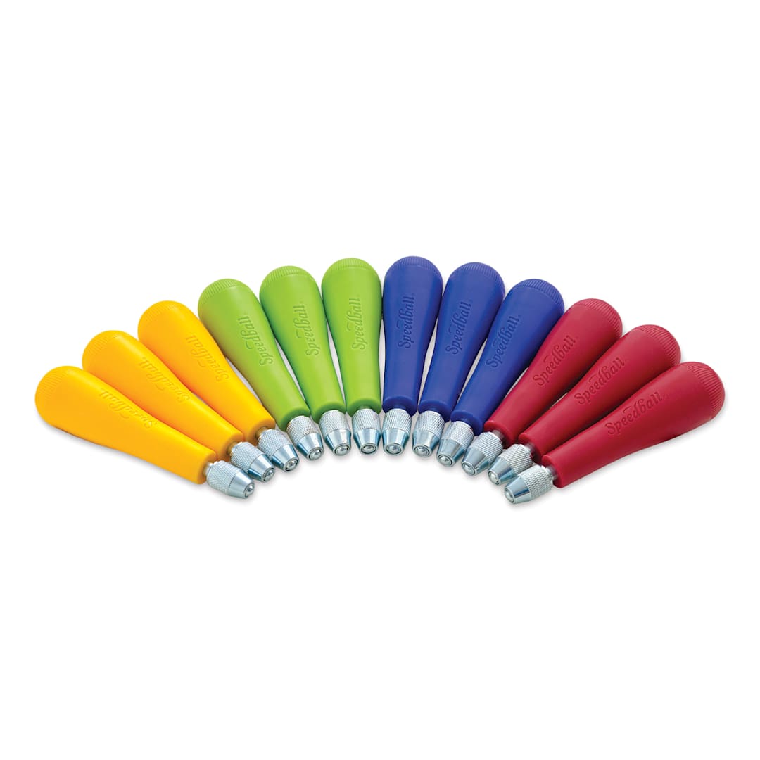 Open in modal - Speedball Linoleum Cutter Handles - Box of 12, Assorted Colors (Handles lined up in a row)