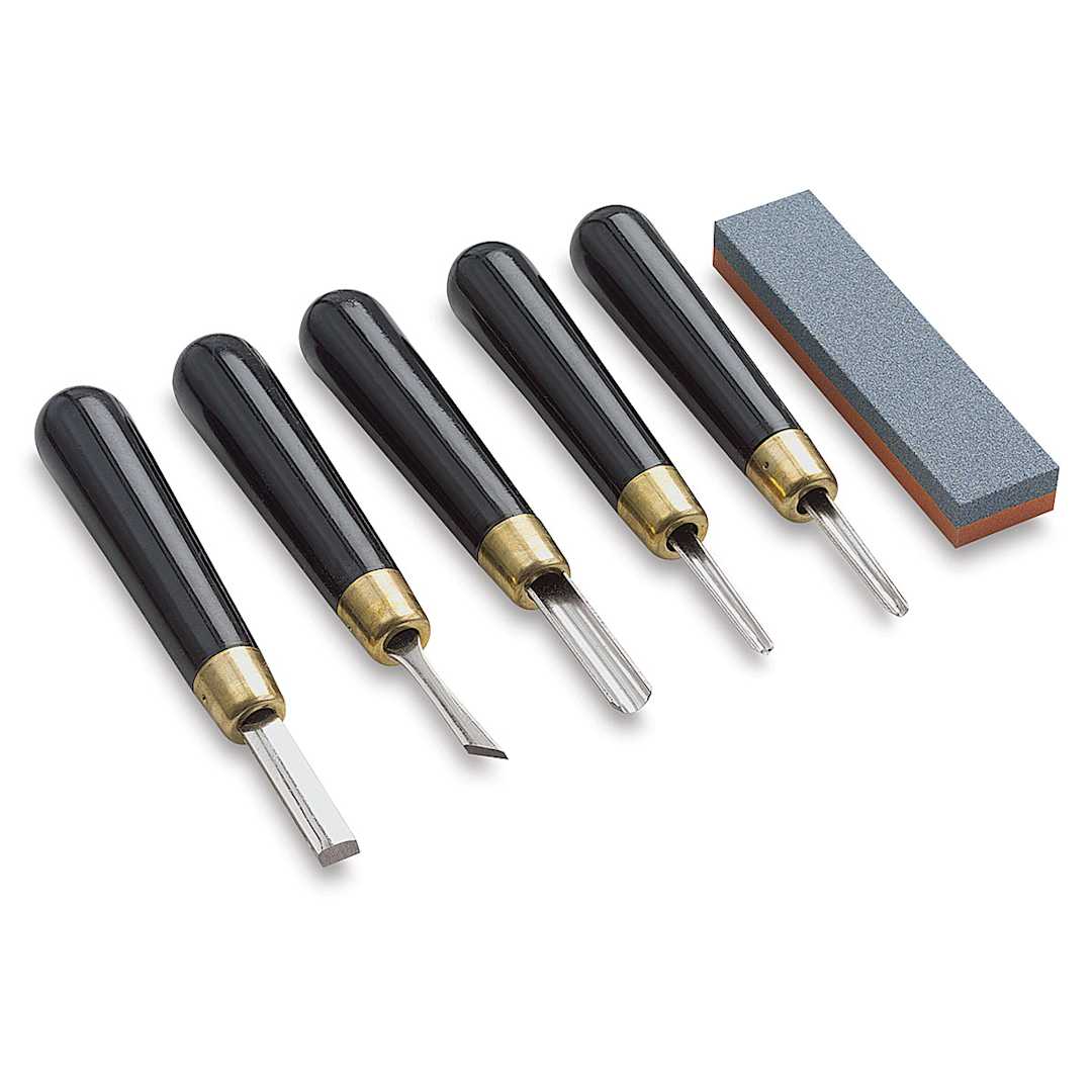 Open in modal - RGM Linoleum Knives - Left Angle view of Components of Knife Set with Sharpening Stone 