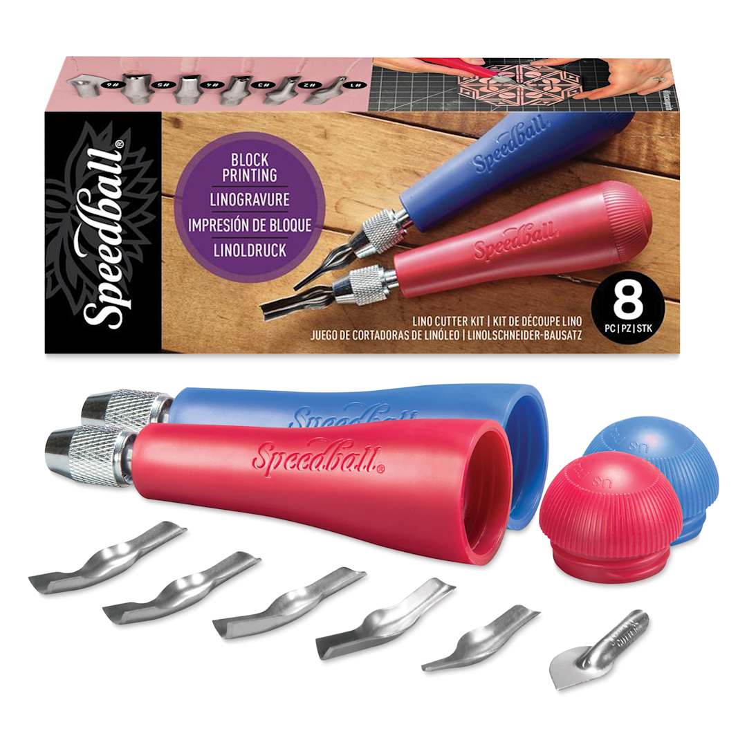 Open in modal - Speedball Linoleum Handle - Lino Handle No. 2, Set of 6 Cutters, set contents in front of packaging