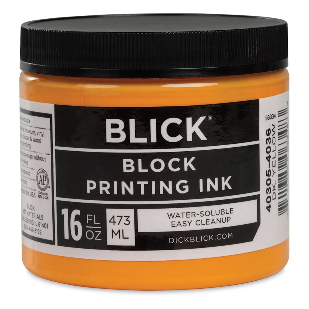 Open in modal - Blick Water-Soluble Block Printing Ink - Front of Dark Yellow 16 oz Jar shown