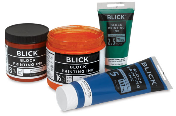 Open in modal - Blick Water-Soluble Block Printing Inks, assorted tubes and jars shown, one with cap removed