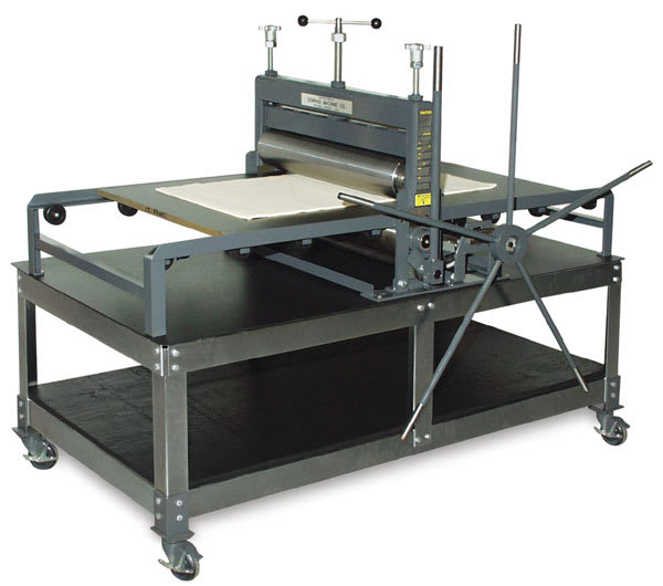 Open in modal - Conrad Multimedia Press - Assembled press on optional stand with casters angled to show handle
