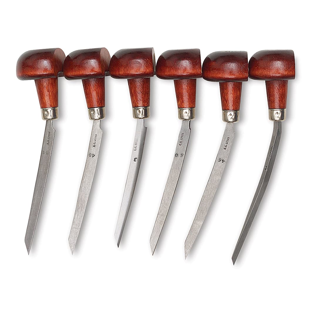 Open in modal - Burins - Set of 6 Tools shown with wooden handles upright