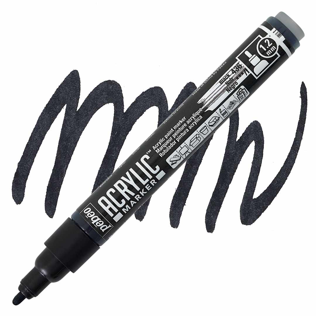 Open in modal - Pebeo Acrylic Marker - Black, 1.2 mm, Bullet Nib marker and swatch