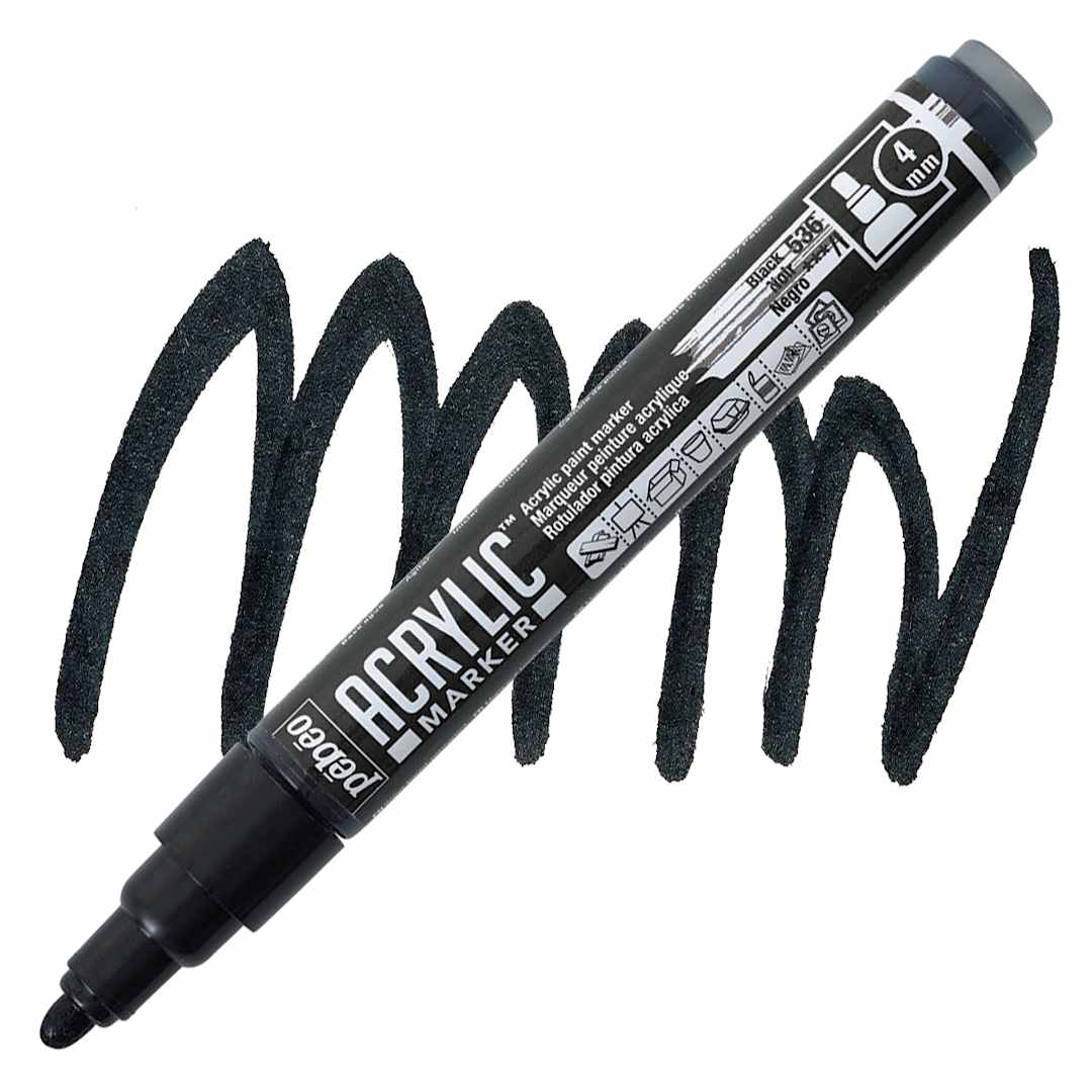Open in modal - Pebeo Acrylic Marker - Black, 4 mm, Bullet Nib marker and swatch