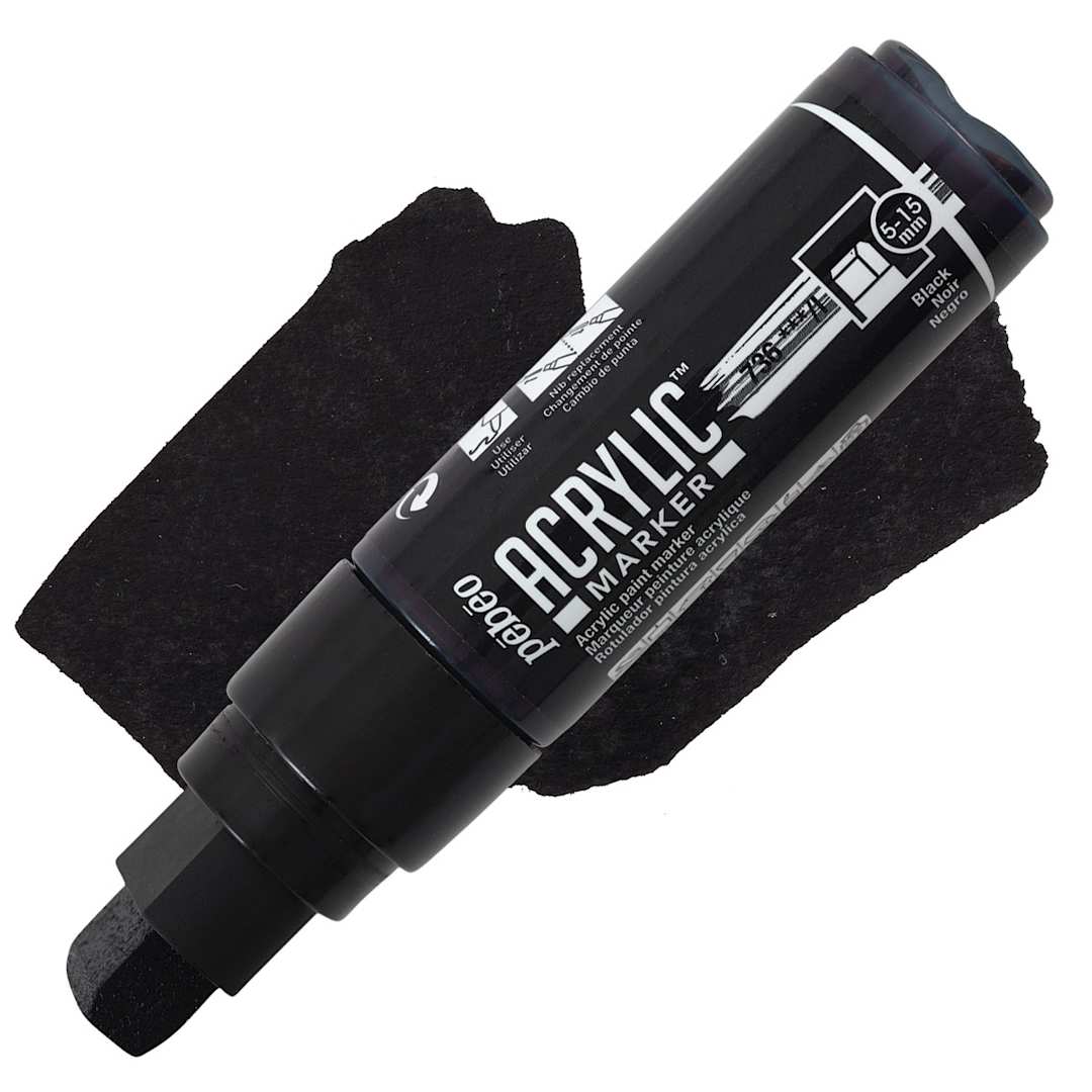 Open in modal - Pebeo Acrylic Marker - Black, 5-15 mm, Flat Nib marker and swatch