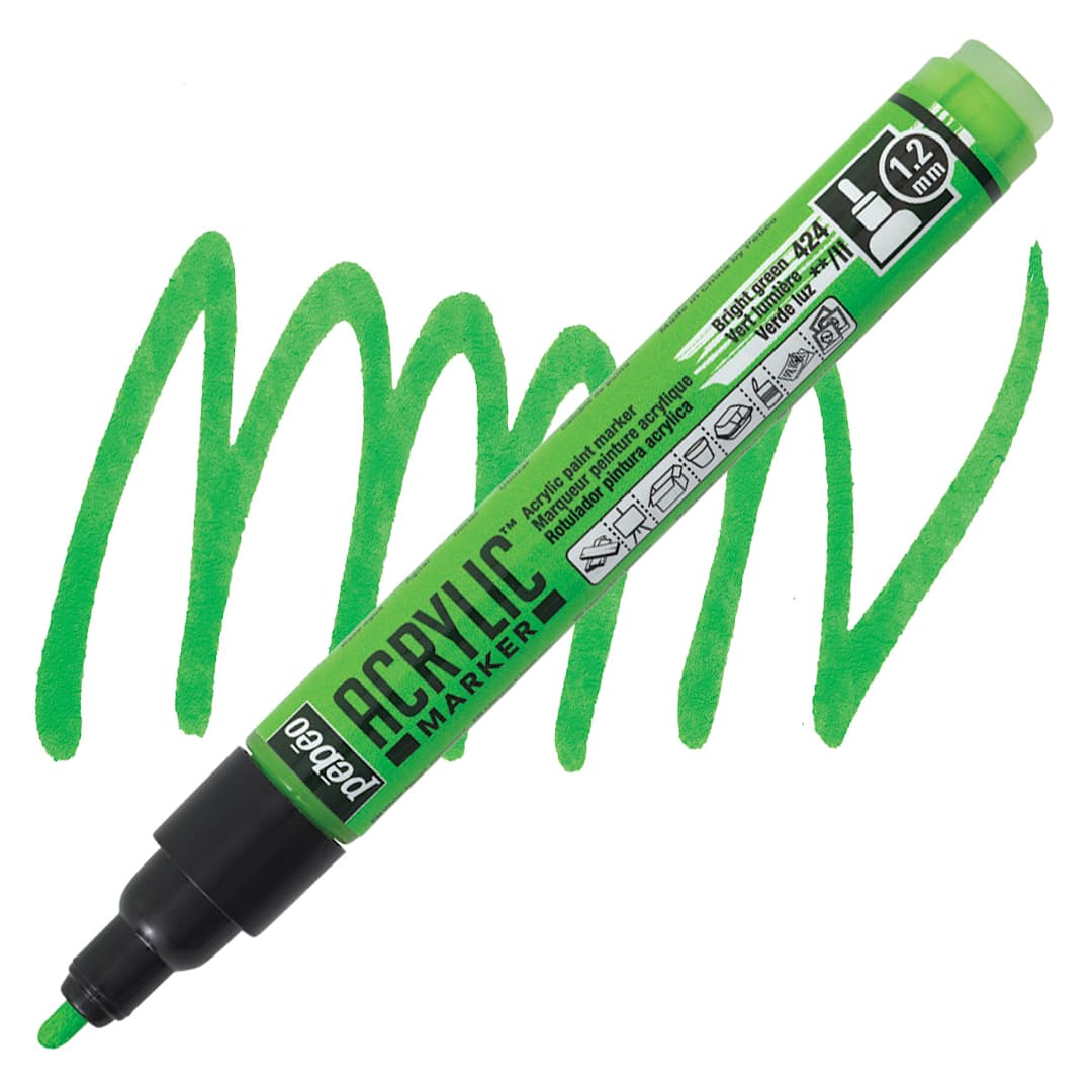 Open in modal - Pebeo Acrylic Marker - Bright Green, 1.2 mm, Bullet Nib marker and swatch