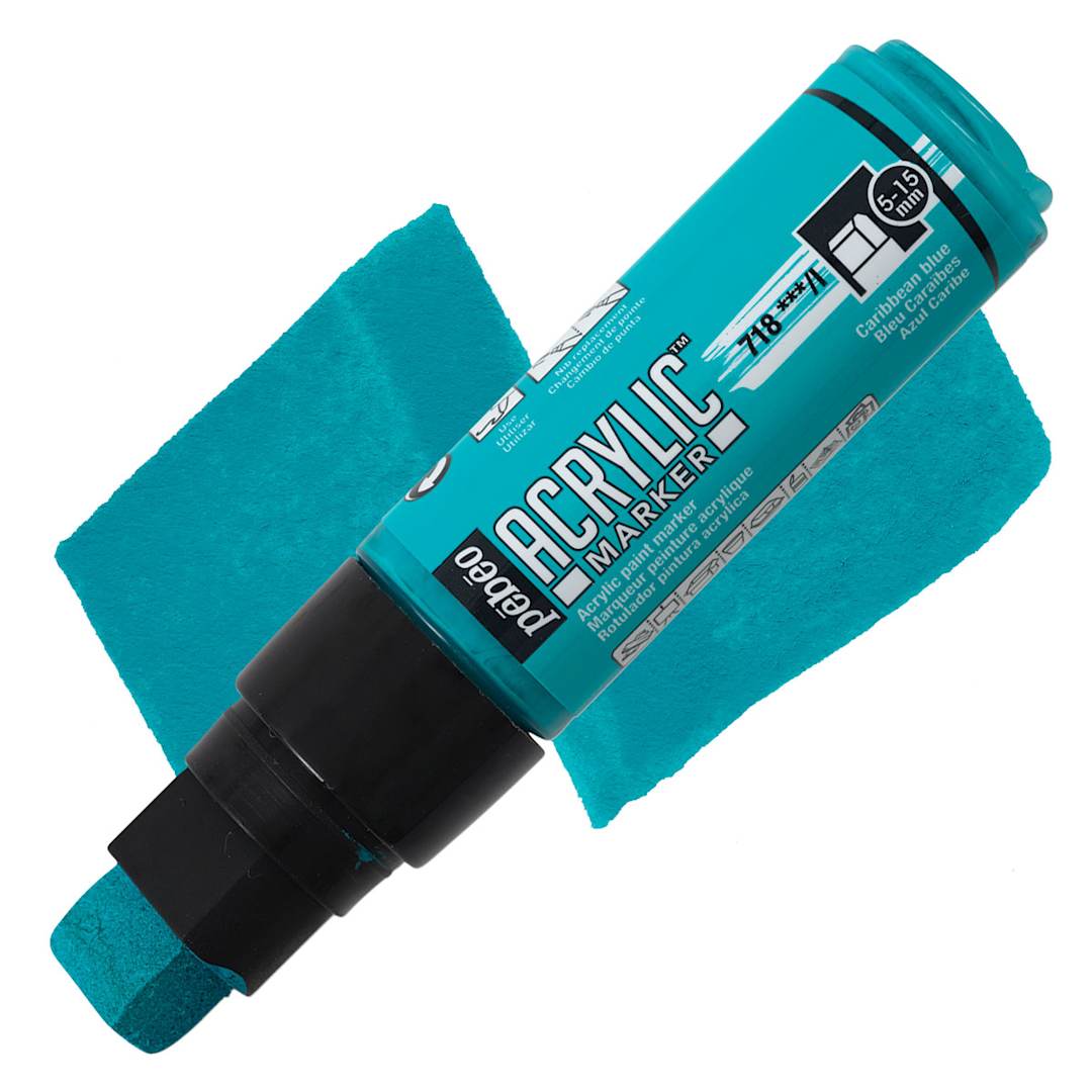 Open in modal - Pebeo Acrylic Marker - Caribbean Blue, 5-15 mm, Flat Nib marker and swatch