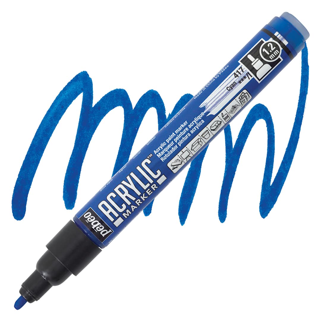 Open in modal - Pebeo Acrylic Marker - Cyan, 1.2 mm, Bullet Nib marker and swatch